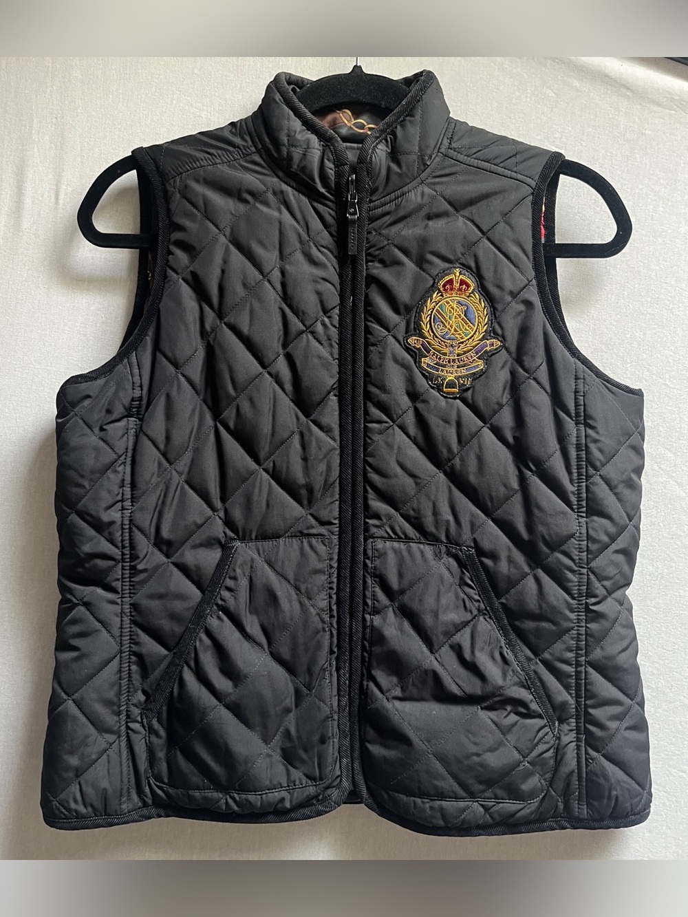 Ralph Lauren Women's Reversible Quilted Black Vest Embroidered Crest - PM